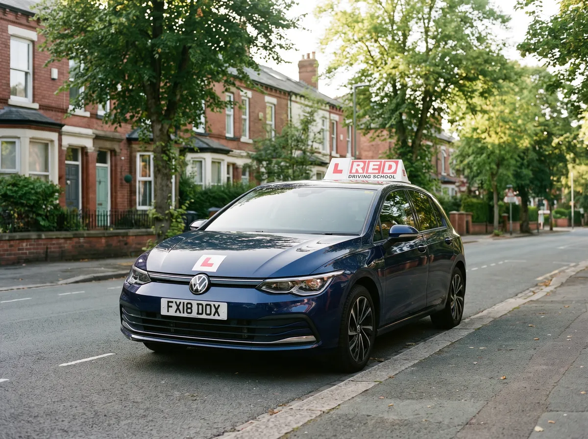 A Learn Local driving-school car parked on a tree-lined Manchester street
